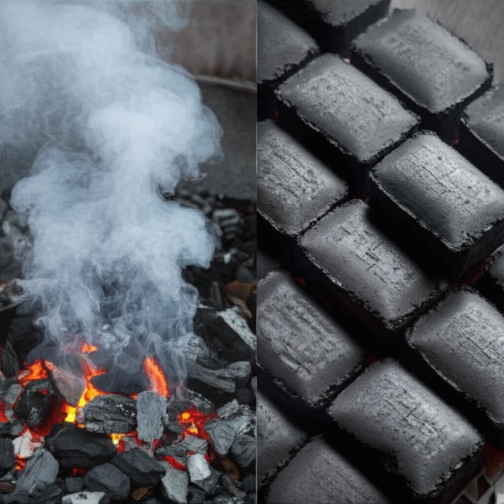 So Sánh Than Không Khói Và Than Truyền Thống: Lựa Chọn Nào Tối Ưu Cho Gia Đình Bạn? 4 Hình ảnh so sánh trực quan hai loại than, một bên nhiều khói, một bên không khói