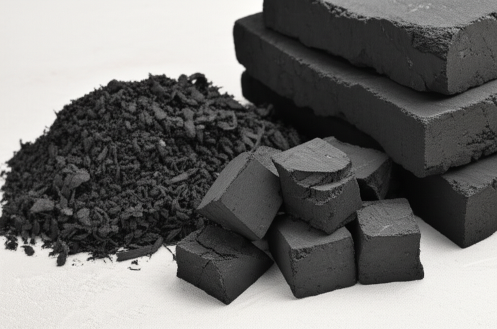 Hình ảnh các loại than BBQ phổ biến: than mùn cưa ép, than gáo dừa