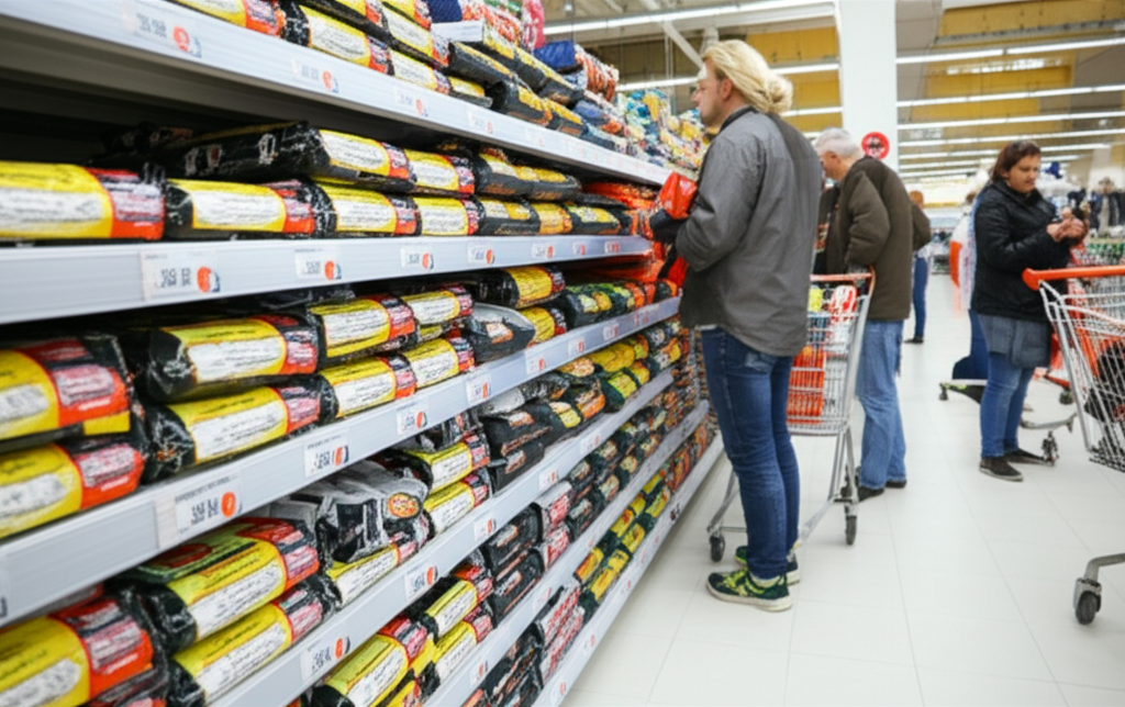 Hình ảnh người tiêu dùng đang lựa chọn than BBQ trong siêu thị