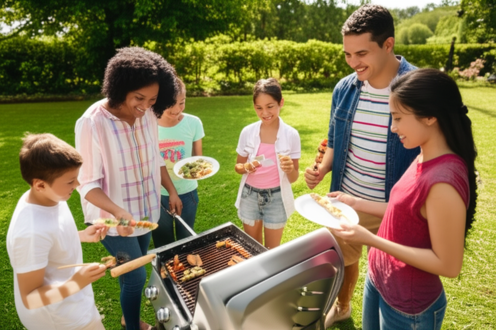 Gia đình đang quây quần nướng BBQ vui vẻ không khói