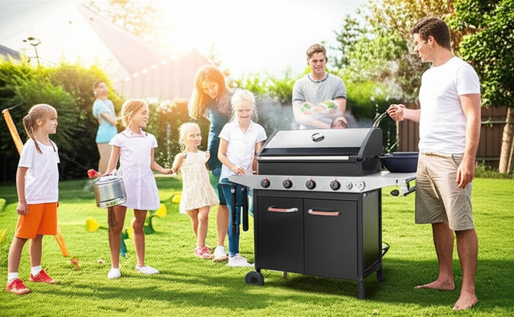 Hình ảnh gia đình nướng BBQ với than sạch sinh học không khói